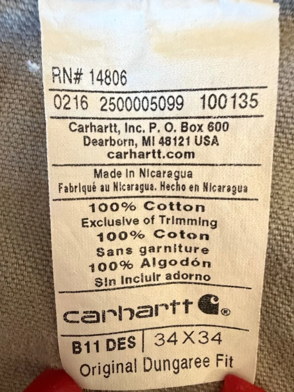 Men's Carhartt Canvas Carpenter Pants Tan, Size 34x32 (Label says 34x34)